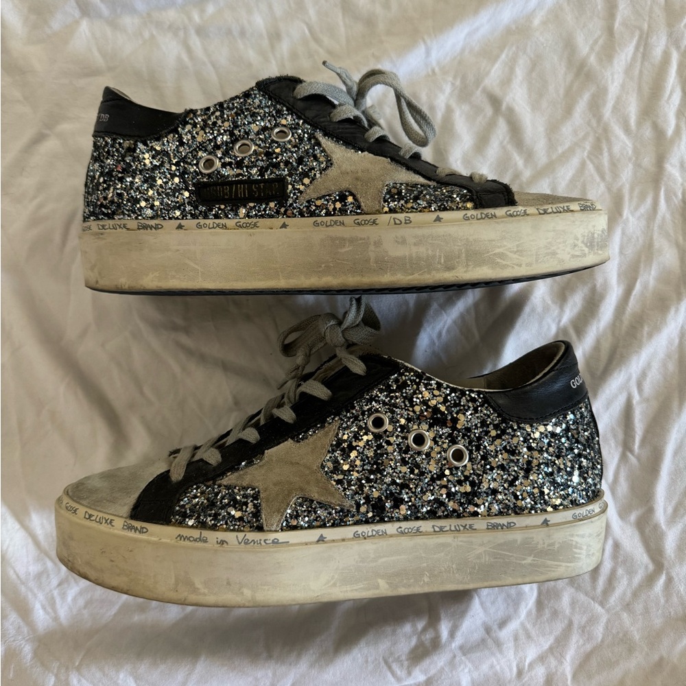 Golden Goose Black and Silver Sneakers with Distressed Look